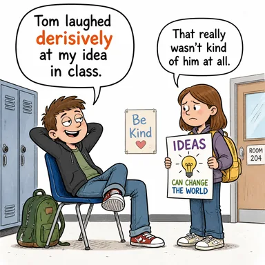 derisively (alaycı bir şekilde, küçümseyerek) karikatürü — diyalogla bağlam içinde öğren