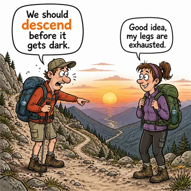 descend (inmek, alçalmak, (soydan) gelmek) karikatürü — diyalogla bağlam içinde öğren