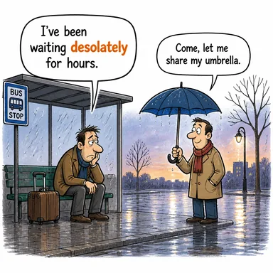 desolately (kederli bir halde, perişan bir şekilde) karikatürü — diyalogla bağlam içinde öğren