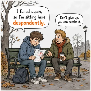 despondently (umutsuzca, morali bozuk bir şekilde) karikatürü — diyalogla bağlam içinde öğren