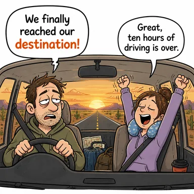 destination (varış noktası, gidilecek yer) karikatürü — diyalogla bağlam içinde öğren