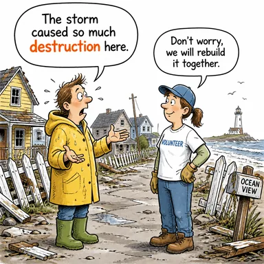 destruction (yıkım, tahribat, imha) karikatürü — diyalogla bağlam içinde öğren
