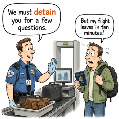 detain (gözaltına almak, alıkoymak; geciktirmek) karikatürü — diyalogla bağlam içinde öğren