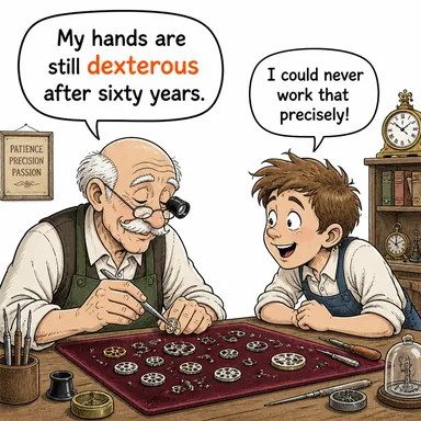 dexterous (hünerli, eli çabuk, becerikli) karikatürü — diyalogla bağlam içinde öğren