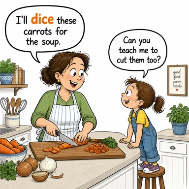 dice (zar; küp küp doğramak) karikatürü — diyalogla bağlam içinde öğren