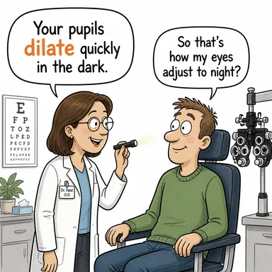 dilate (genişlemek (göz bebeği/damar), büyümek) karikatürü — diyalogla bağlam içinde öğren