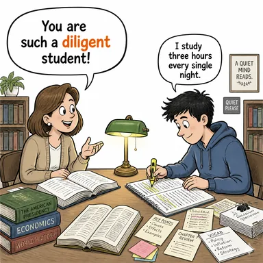 diligent (çalışkan, gayretli, titiz) karikatürü — diyalogla bağlam içinde öğren