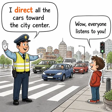 direct (yönetmek, yönlendirmek; doğrudan) karikatürü — diyalogla bağlam içinde öğren
