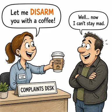 disarm (silahsızlandırmak; (mecazen) yumuşatmak) karikatürü — diyalogla bağlam içinde öğren