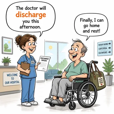 discharge (tahliye etmek, taburcu etmek, (atık) boşaltmak) karikatürü — diyalogla bağlam içinde öğren