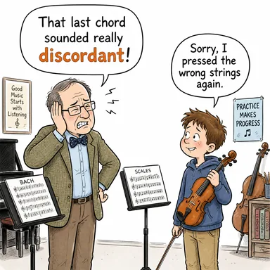 discordant (uyumsuz, ahenksiz, kulağı tırmalayan) karikatürü — diyalogla bağlam içinde öğren