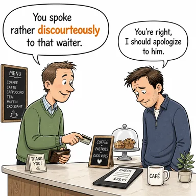 discourteously (saygısızca, kabaca) karikatürü — diyalogla bağlam içinde öğren