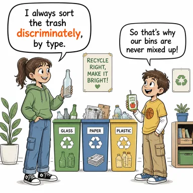 discriminately (ayırt ederek, fark gözeterek) karikatürü — diyalogla bağlam içinde öğren