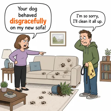 disgracefully (rezilce, utanç verici bir şekilde) karikatürü — diyalogla bağlam içinde öğren