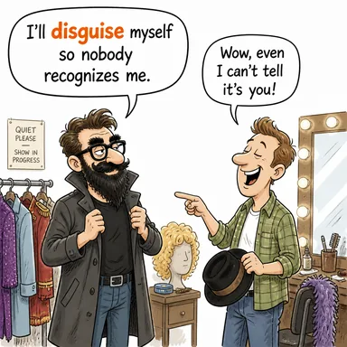 disguise (kılık değiştirmek, gizlenmek; kamufle etmek) karikatürü — diyalogla bağlam içinde öğren