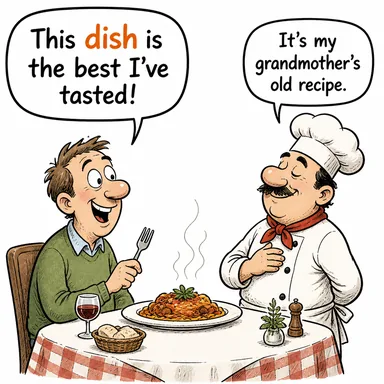 dish (tabak, kap; yemek) karikatürü — diyalogla bağlam içinde öğren
