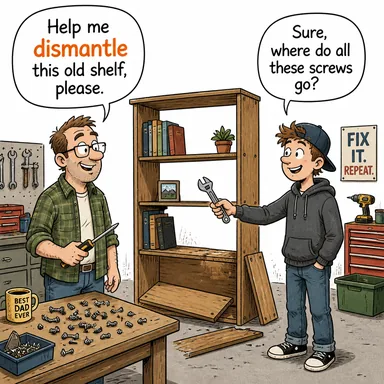 dismantle (sökmek, parçalarına ayırmak, (sistemi) dağıtmak) karikatürü — diyalogla bağlam içinde öğren