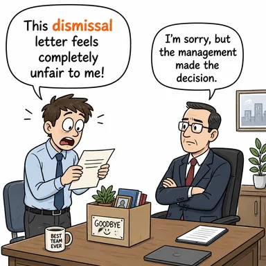 dismissal (kovulma, işten çıkarma; (dava) reddedilme) karikatürü — diyalogla bağlam içinde öğren