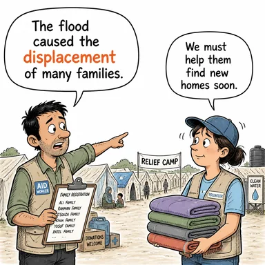 displacement (yer değiştirme, yerinden edilme) karikatürü — diyalogla bağlam içinde öğren