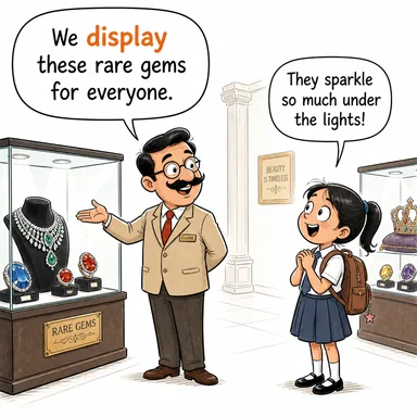 display (sergilemek, göstermek (duygu/davranış); ekran) karikatürü — diyalogla bağlam içinde öğren