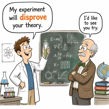 disprove (çürütmek, aksini ispatlamak) karikatürü — diyalogla bağlam içinde öğren