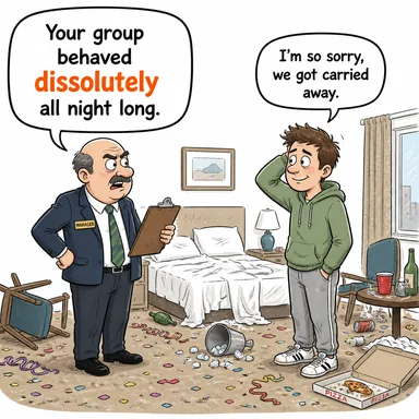 dissolutely (ahlaksızca, sefihçe) karikatürü — diyalogla bağlam içinde öğren