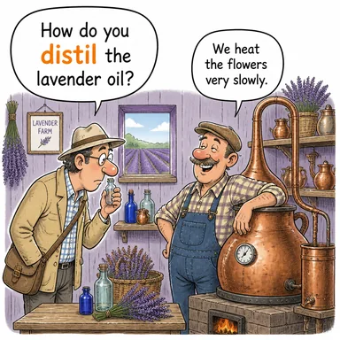 distil (damıtmak, özünü çıkarmak) karikatürü — diyalogla bağlam içinde öğren