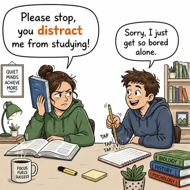 distract (dikkatini dağıtmak, odağını bozmak) karikatürü — diyalogla bağlam içinde öğren