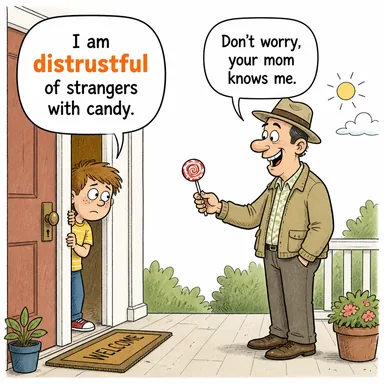 distrustful (güvensiz, şüpheci) karikatürü — diyalogla bağlam içinde öğren