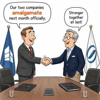 amalgamate (birleşmek, birleştirmek, kaynaşmak (şirket/kurum)) karikatürü — diyalogla bağlam içinde öğren