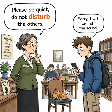 disturb (rahatsız etmek, (huzuru/düzeni) bozmak) karikatürü — diyalogla bağlam içinde öğren