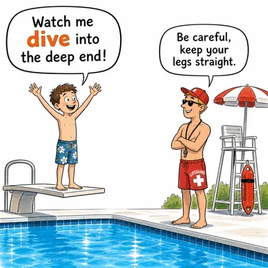 dive (dalmak (suya/piyasaya), düşüşe geçmek) karikatürü — diyalogla bağlam içinde öğren