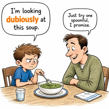 dubiously (kuşkuyla, şüpheyle) karikatürü — diyalogla bağlam içinde öğren