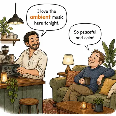 ambient (çevresel, ortam (sıcaklığı/sesi), kuşatan) karikatürü — diyalogla bağlam içinde öğren
