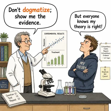 dogmatize (dogmatik konuşmak, kesin doğrular olarak ileri sürmek) karikatürü — diyalogla bağlam içinde öğren