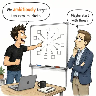 ambitiously (hırsla, iddialı bir şekilde, büyük hedeflerle) karikatürü — diyalogla bağlam içinde öğren