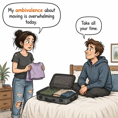 ambivalence (duygu karmaşası, ikilem, kararsızlık (zıt hislerin bir arada olması)) karikatürü — diyalogla bağlam içinde öğren