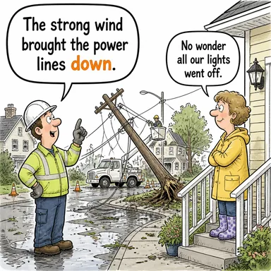 down (aşağıya, (fiil) düşürmek/devirmek) karikatürü — diyalogla bağlam içinde öğren