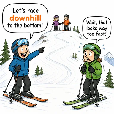 downhill (yokuş aşağı, kötüye gidiş) karikatürü — diyalogla bağlam içinde öğren