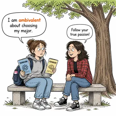 ambivalent (kararsız, karmaşık duygular besleyen, iki arada bir derede) karikatürü — diyalogla bağlam içinde öğren