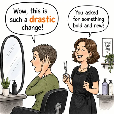 drastic (köklü, sert, şiddetli (değişim/önlem)) karikatürü — diyalogla bağlam içinde öğren