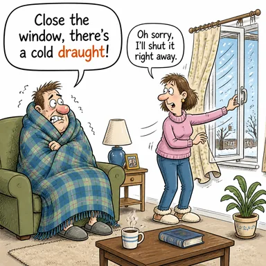 draught (hava akımı, cereyan) karikatürü — diyalogla bağlam içinde öğren
