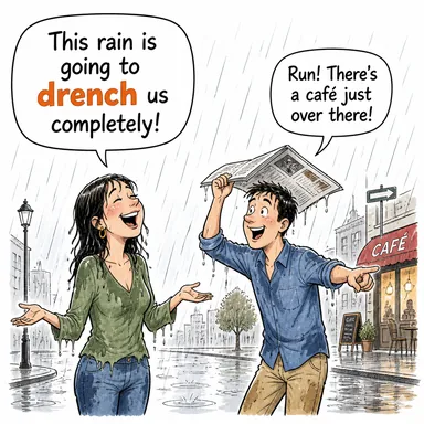 drench (sırılsıklam etmek, ıslatmak) karikatürü — diyalogla bağlam içinde öğren