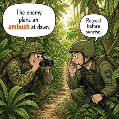 ambush (pusu, tuzak; pusuya düşürmek) karikatürü — diyalogla bağlam içinde öğren