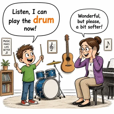 drum (davul; (parmakla vb.) tempo tutmak) karikatürü — diyalogla bağlam içinde öğren