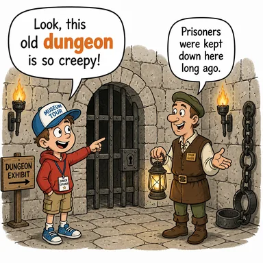 dungeon (zindan, yer altı hapsi) karikatürü — diyalogla bağlam içinde öğren