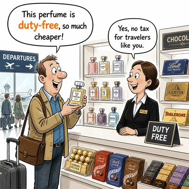 duty-free (gümrüksüz, vergiden muaf) karikatürü — diyalogla bağlam içinde öğren