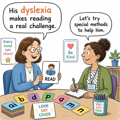 dyslexia (disleksi, öğrenme güçlüğü) karikatürü — diyalogla bağlam içinde öğren
