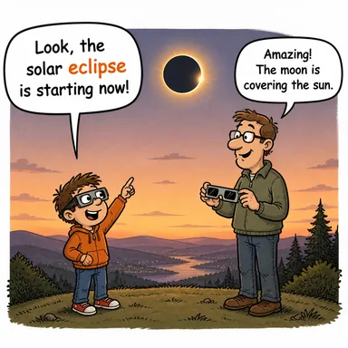 eclipse (tutulma (güneş/ay); gölgede bırakmak) karikatürü — diyalogla bağlam içinde öğren