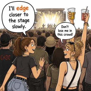 edge (yavaş yavaş ilerlemek, sokulmak) karikatürü — diyalogla bağlam içinde öğren